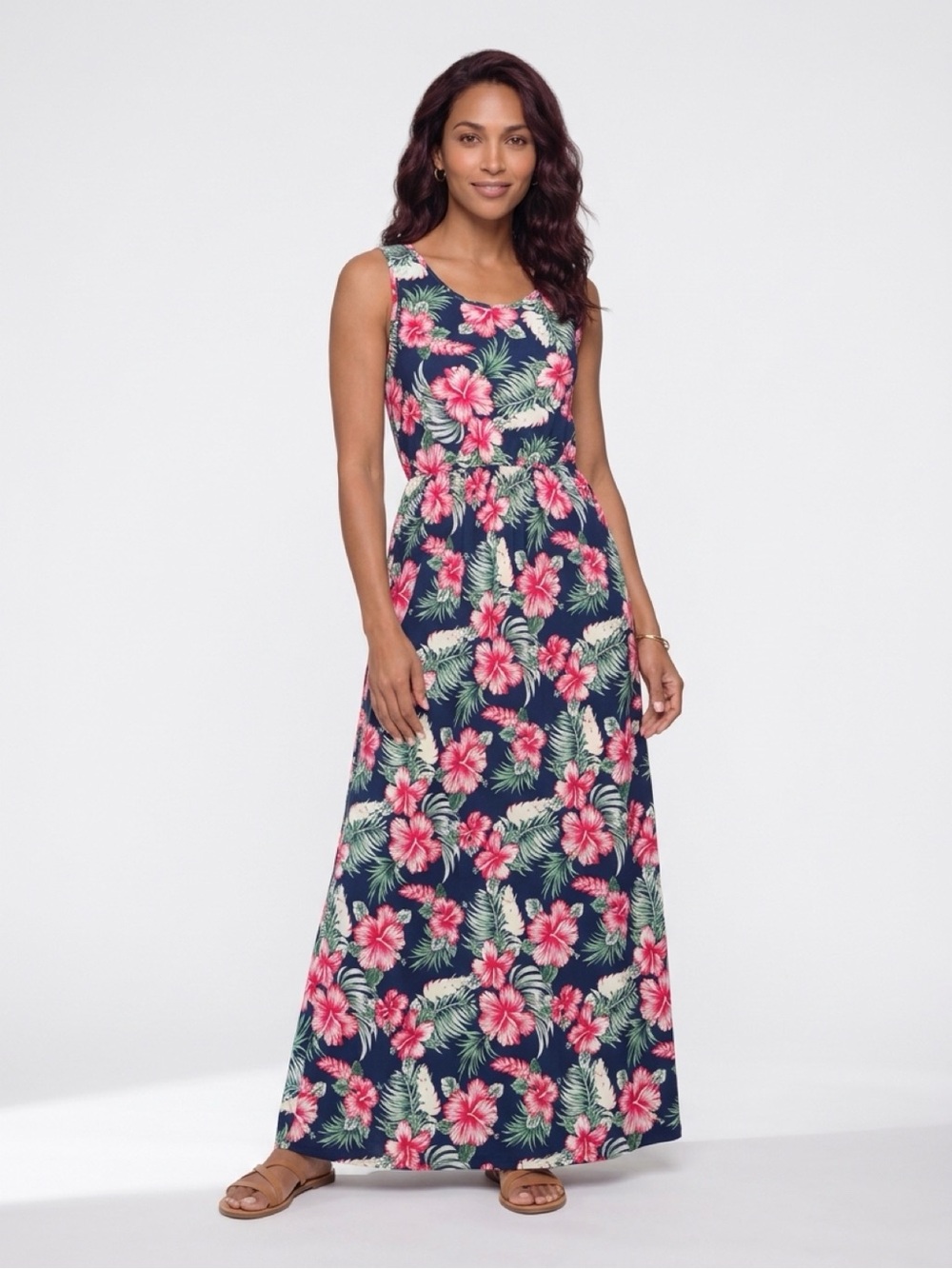 Navy Floral Tank Maxi Dress - Pink & Green Tropical Print